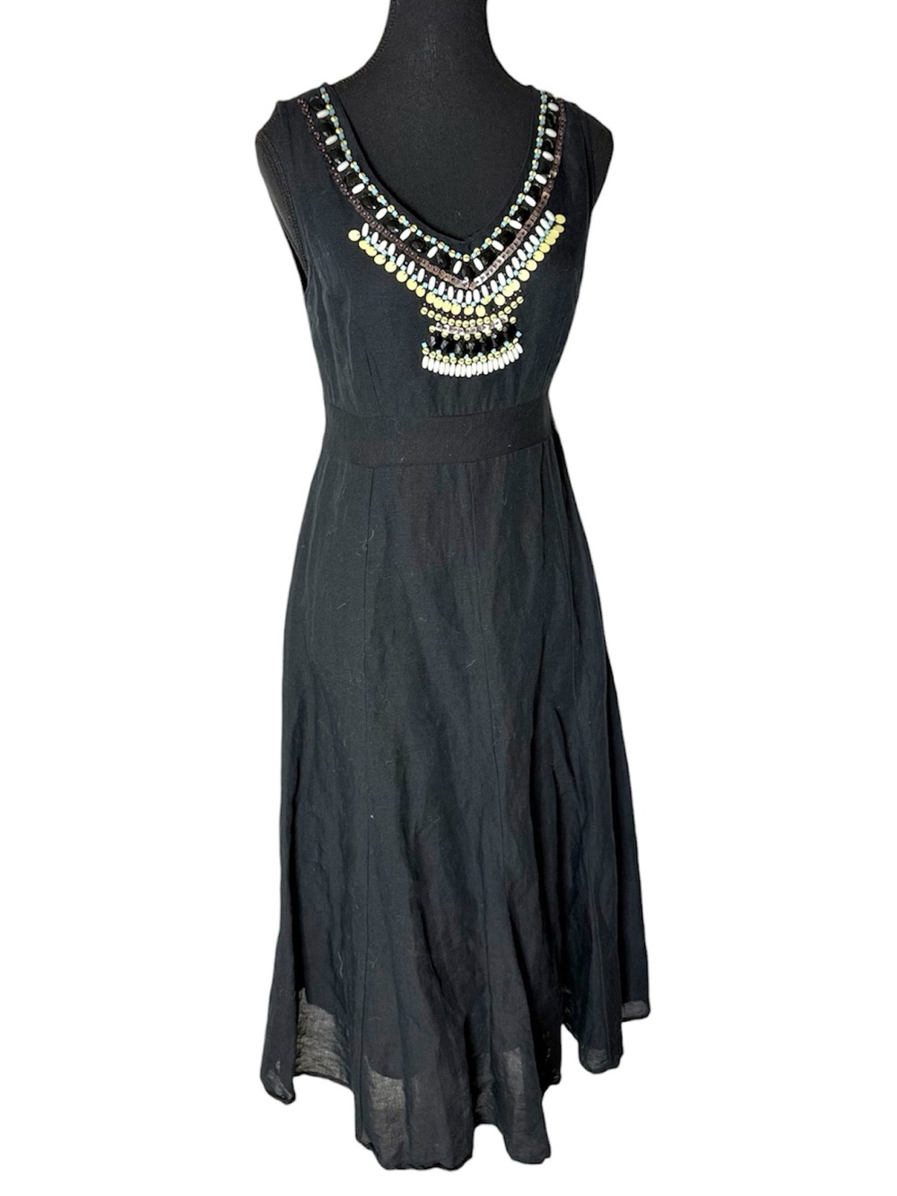HOG Black Linen Blend Sleeveless Midi Dress Beaded Zipper Lined Size 8
